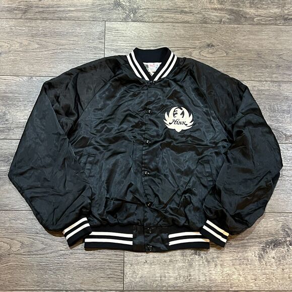 Vintage 80s Taylor Made Hank Williams Jr Black Satin Bomber Jacket USA - Large - Picture 1 of 10